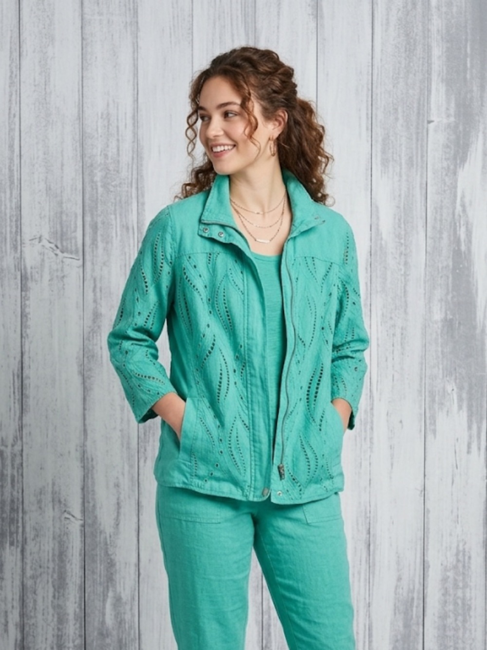 Chico's Teal Linen Two-Piece Jacket and Tank Set Size M